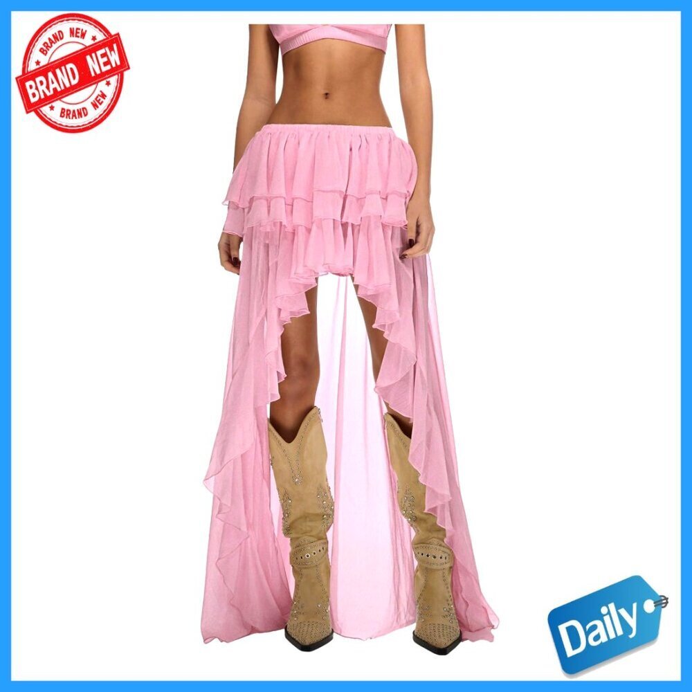 Boho Layered Ruffle Chiffon Maxi Skirt Elastic Waist Asymmetrical Hem